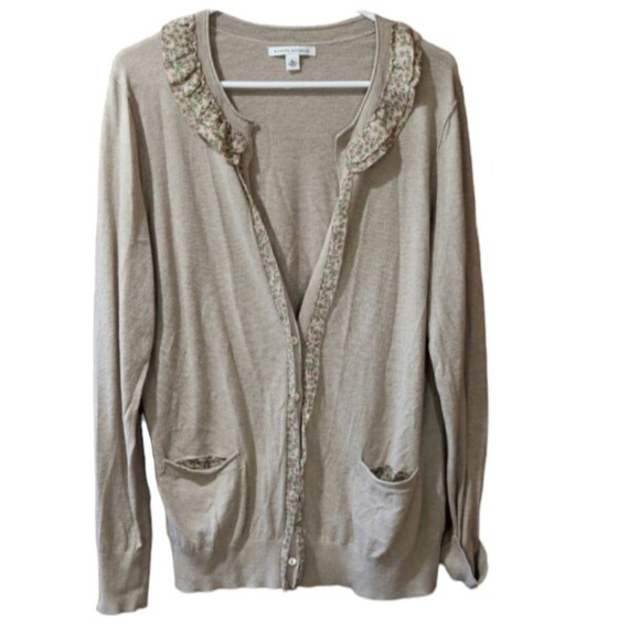 Banana Republic Tan Cardigan Sweater Floral Ruffle XL Wool Blend - Picture 1 of 12